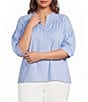 Calessa Plus Size Woven Stripe Split V-Neck Elbow Length Sleeve Tunic - Image 1