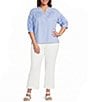 Calessa Plus Size Woven Stripe Split V-Neck Elbow Length Sleeve Tunic - Image 3