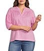 Calessa Plus Size Woven Stripe Split V-Neck Elbow Length Sleeve Tunic - Image 1