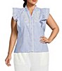 Calessa Plus Size Woven Stripe Split-V-Neck Ruffle Cap Sleeve Embroidered Button-Front Tunic - Image 1