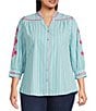 Calessa Plus Size Woven Striped Embroidered Split V-Neck 3/4 Sleeve Button Front Tunic - Image 1