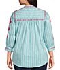 Calessa Plus Size Woven Striped Embroidered Split V-Neck 3/4 Sleeve Button Front Tunic - Image 2