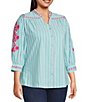 Calessa Plus Size Woven Striped Embroidered Split V-Neck 3/4 Sleeve Button Front Tunic - Image 3