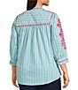 Calessa Plus Size Woven Striped Embroidered Split V-Neck 3/4 Sleeve Button Front Tunic - Image 4