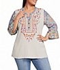 Calessa Plus Size Woven Textured Embroidered Patchwork Split V-Neck 3/4 Bell Sleeve Tunic - Image 1