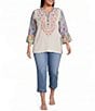 Calessa Plus Size Woven Textured Embroidered Patchwork Split V-Neck 3/4 Bell Sleeve Tunic - Image 3