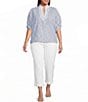 Calessa Plus Size Woven Textured Stripe Band Collar Elbow Length Sleeve Tunic - Image 3