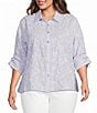 Calessa Plus Size Woven Yarn Dye Stripe Embroidered Point Collar 3/4 Roll-Tab Sleeve Button Front Tunic - Image 1