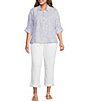 Calessa Plus Size Woven Yarn Dye Stripe Embroidered Point Collar 3/4 Roll-Tab Sleeve Button Front Tunic - Image 3