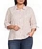 Calessa Plus Size Woven Yarn Dye Stripe Embroidered Point Collar 3/4 Roll-Tab Sleeve Button Front Tunic - Image 1