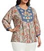 Calessa Plus Woven Embroidered Patchwork Split Tie Neck 3/4 Sleeve Tunic - Image 1