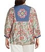 Calessa Plus Woven Embroidered Patchwork Split Tie Neck 3/4 Sleeve Tunic - Image 2