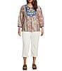 Calessa Plus Woven Embroidered Patchwork Split Tie Neck 3/4 Sleeve Tunic - Image 3