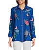 Calessa Point Crinkle Woven Embroidered Point Collar Long Sleeve Button Front Shirt, Color:Blue Multi - Image 1