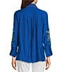Calessa Point Crinkle Woven Embroidered Point Collar Long Sleeve Button Front Shirt, Color:Blue Multi - Image 2