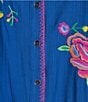 Calessa Point Crinkle Woven Embroidered Point Collar Long Sleeve Button Front Shirt, Color:Blue Multi - Image 6
