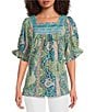 Calessa Printed Embroidered Square Neck Short Sleeve Tunic - Image 1