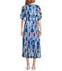 Color:Blue Multi - Image 2 - Printed Mesh V-Neck Short Sleeve Midi Dress