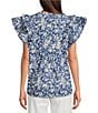 Calessa Printed Split V-Neck Ruffled Cap Sleeve Top, Color:Navy/White - Image 2