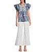 Calessa Printed Split V-Neck Ruffled Cap Sleeve Top, Color:Navy/White - Image 3