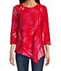 Color:Red Multi - Image 1 - Round Neck 3/4 Sleeve Asymmetric Hem Burnout Tie Dye Top