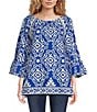 Color:Blue/White - Image 1 - Scoop Neck 3/4 Sleeve Pullover Blouse