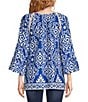 Color:Blue/White - Image 2 - Scoop Neck 3/4 Sleeve Pullover Blouse