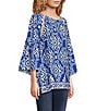 Color:Blue/White - Image 3 - Scoop Neck 3/4 Sleeve Pullover Blouse