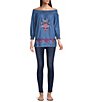 Color:Indigo Multi - Image 3 - Smocked Off-the-Shoulder 3/4 Sleeve Embroidered Denim Peasant Top