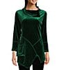 Color:Emerald - Image 1 - Solid Velvet Knit Zipper Asymmetric Neck Long Sleeve Patch Pocket Tunic