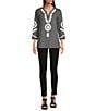 Calessa Soutache Embroidered Geometric Print Split V-Neck 3/4 Sleeve Tunic, Color:Black Multi - Image 5