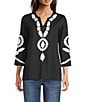 Calessa Soutache Embroidered Split V-Neck 3/4 Sleeve Tunic, Color:Black/white - Image 1
