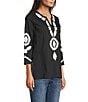 Calessa Soutache Embroidered Split V-Neck 3/4 Sleeve Tunic, Color:Black/white - Image 3