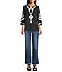 Calessa Soutache Embroidered Split V-Neck 3/4 Sleeve Tunic, Color:Black/white - Image 5