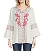 Color:White Multi - Image 1 - Split Neck Embroidered Tie Detail 3/4 Bell Sleeve Tunic
