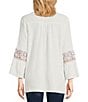Color:White Multi - Image 2 - Split Neck Embroidered Tie Detail 3/4 Bell Sleeve Tunic