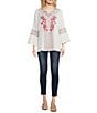 Color:White Multi - Image 3 - Split Neck Embroidered Tie Detail 3/4 Bell Sleeve Tunic