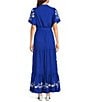 Calessa Split V-Neck Short Sleeve Embroidered Maxi Dress, Color:Blue White - Image 2