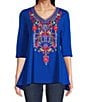 Color:Blue Multi - Image 1 - Stretch Woven Embroidered V-Neck 3/4 Sleeve A-Line Tunic