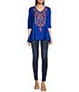 Color:Blue Multi - Image 3 - Stretch Woven Embroidered V-Neck 3/4 Sleeve A-Line Tunic