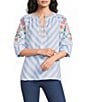 Calessa Stripe Split V-Neck Embroidered Elbow Length Sleeve Tunic - Image 1