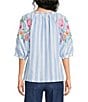 Calessa Stripe Split V-Neck Embroidered Elbow Length Sleeve Tunic - Image 2