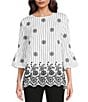 Color:White/Black - Image 1 - Striped Border Embroidered Crew Neck 3/4 Bell Sleeves Tunic