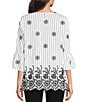 Color:White/Black - Image 2 - Striped Border Embroidered Crew Neck 3/4 Bell Sleeves Tunic