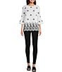 Color:White/Black - Image 3 - Striped Border Embroidered Crew Neck 3/4 Bell Sleeves Tunic