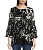Color:White/Black - Image 1 - Swirl Abstract Print Mesh Knit Scoop Neck 3/4 Sleeve High-Low Overlay Tunic