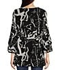 Color:White/Black - Image 2 - Swirl Abstract Print Mesh Knit Scoop Neck 3/4 Sleeve High-Low Overlay Tunic
