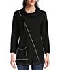 Color:Black - Image 1 - Texture Popcorn Knit Cowl Neck 3/4 Sleeve Stitching Detail Patch Pocket Tunic