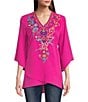 Color:Hot Pink Multi - Image 1 - Textured Crepe V-Neckline 3/4 Sleeves Comfort Fit Cross Over Hemline Blouse