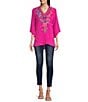 Color:Hot Pink Multi - Image 3 - Textured Crepe V-Neckline 3/4 Sleeves Comfort Fit Cross Over Hemline Blouse